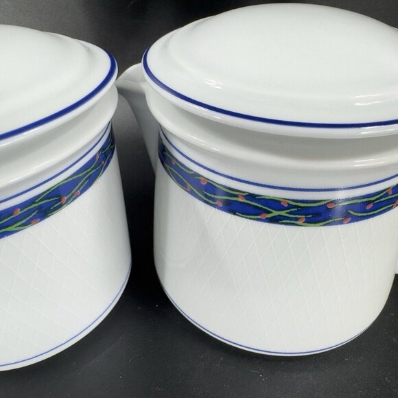 Dansk New Scandia Porcelain Trellis Floral Sugar And Creamer Blue White Set 2 - Picture 14 of 14